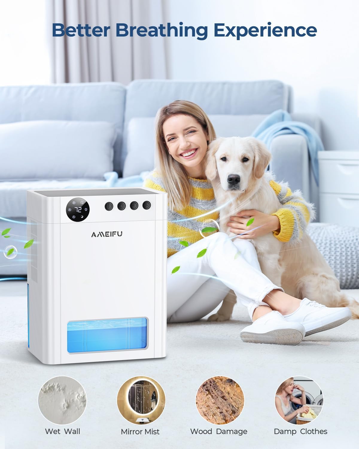 Dehumidifier, AMEIFU 1100 Sq. Ft Dehumidifier for Basement with 135 OZ Water Tank, Quiet Dehumidifier for Bathroom Bedroom Home Room RV Closet with Auto Shut Off 7 Colors LED Light