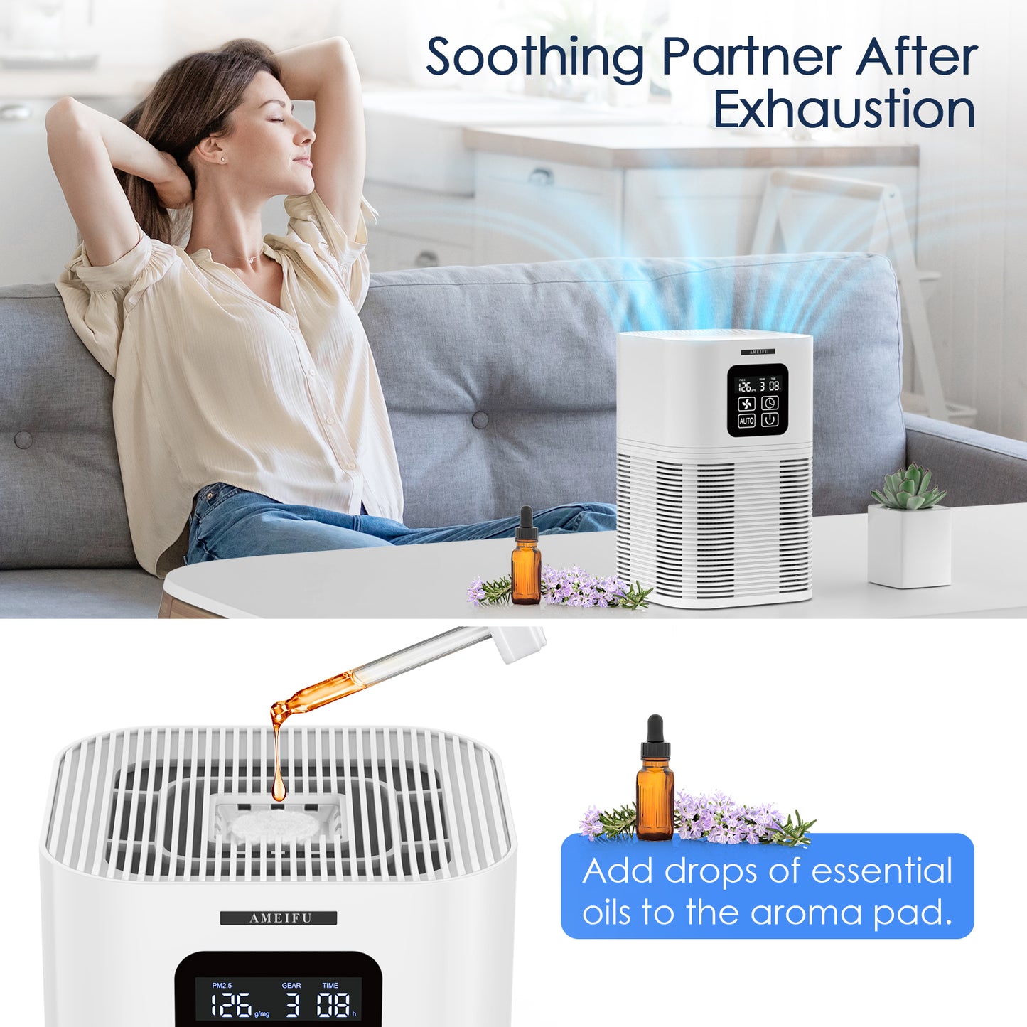 Air Purifiers for Bedroom, AMEIFU Hepa Air Purifier with Aromatherapy, white