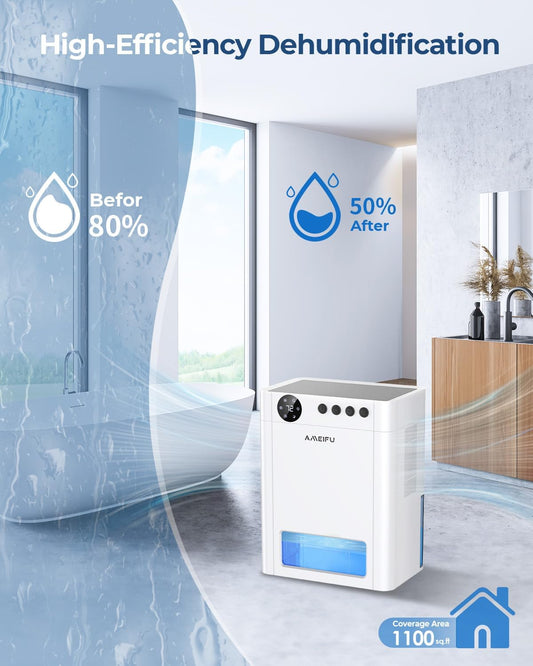 Dehumidifier, AMEIFU 1100 Sq. Ft Dehumidifier for Basement with 135 OZ Water Tank, Quiet Dehumidifier for Bathroom Bedroom Home Room RV Closet with Auto Shut Off 7 Colors LED Light