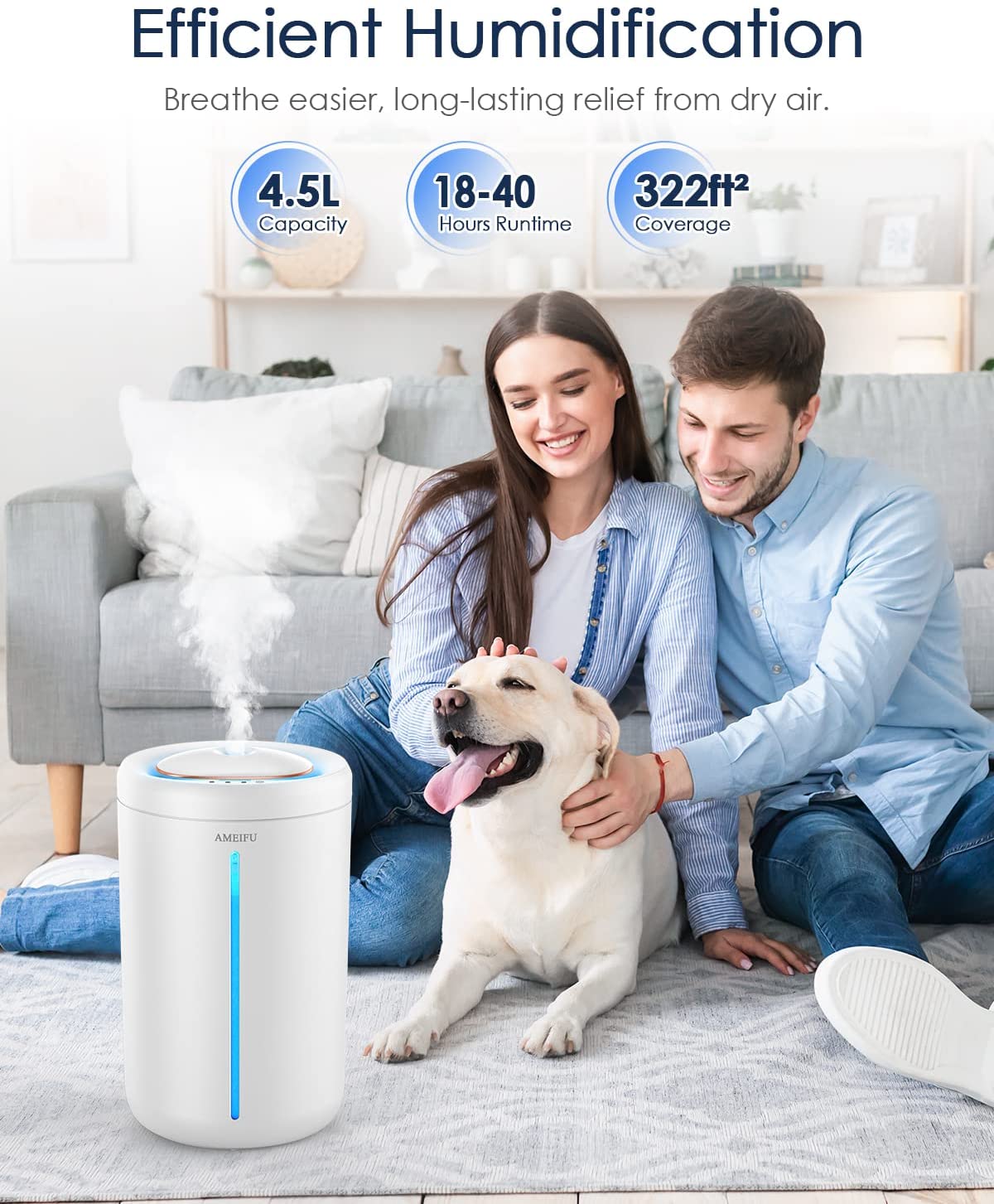Humidifiers for Bedroom, Large Room, AMEIFU Top Fill Humidifier 4.5L ...