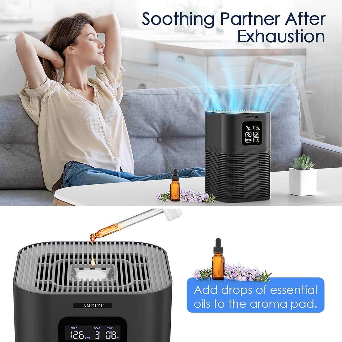 Air Purifiers for Bedroom, AMEIFU Hepa Air Purifier with Aromatherapy, black