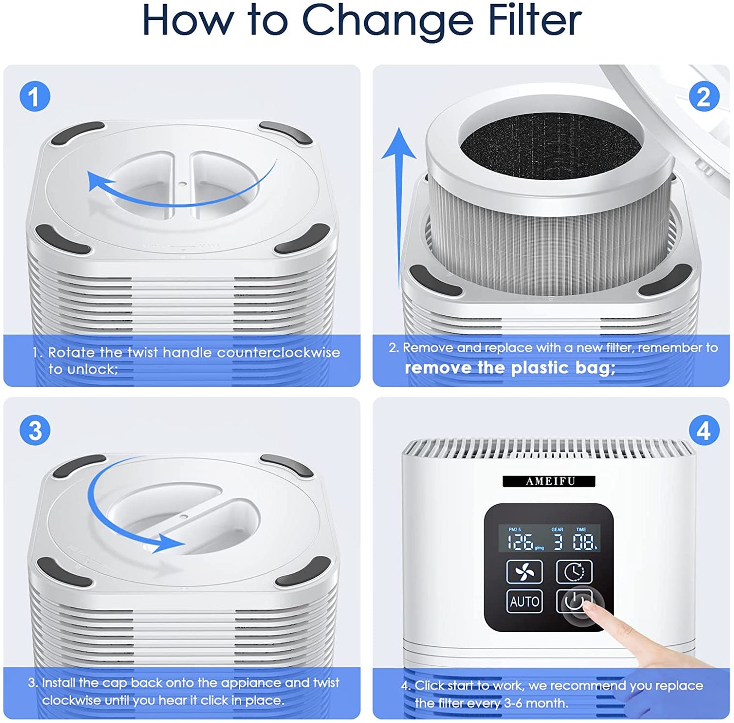 AMEIFU AP01 Air Purifier Replacement Filter, Air Cleaner Filter True H ...